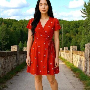 POPSUGAR SZ XS Red Floral Print Short-sleeve Faux Wrap Dress